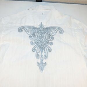 ROAR Men’s XL White Embroidered Tattoo Art Button Down Western Rock Shirt